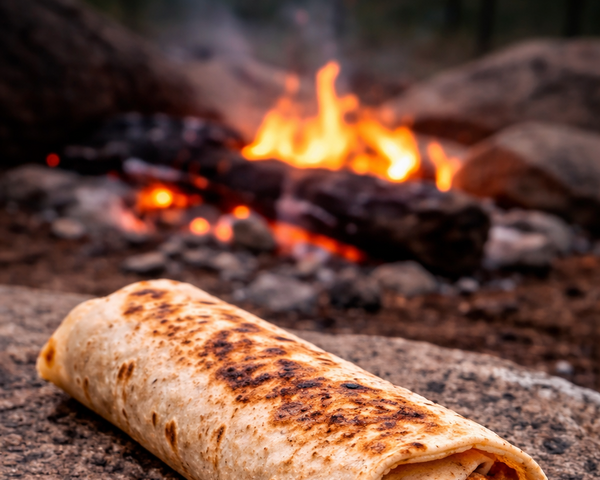 rolled tortilla near a campfire 
