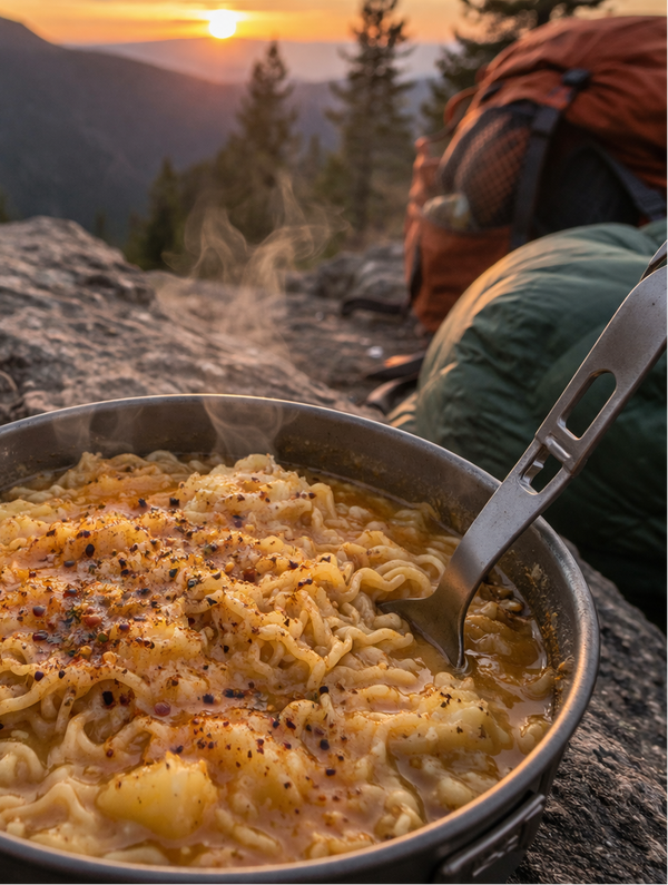Camping scene with a bowl of ramen and Wildfire Spice Co. seasoning packet on a mountain backdrop.